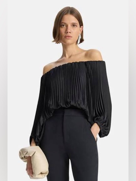 A.L.C. Sienna Black Satin Pleated Off-Shoulder Blouse Top Romantic Elegant